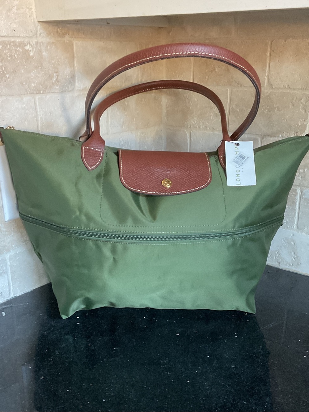 Longchamp Olive Nylon Tote with Brown Leather Trim